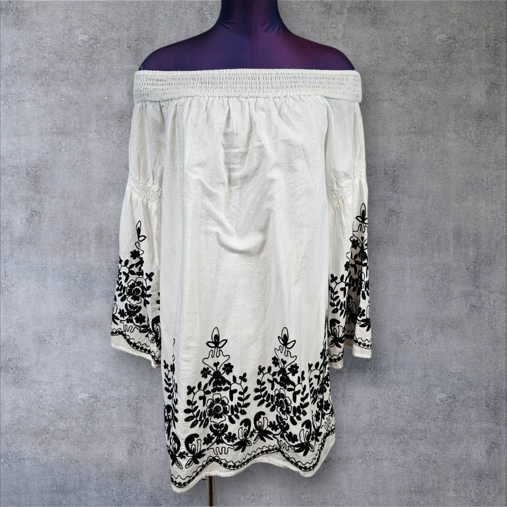 Kori America Boho White & Black Embroidered Off the Shoulder Dress Medium M48